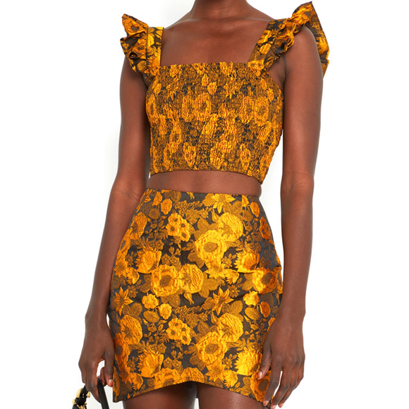 KOURT Matching Tala Crop Top & Mini Skirt Coord Set NWT Medium Black Yellow Gold - Picture 1 of 9